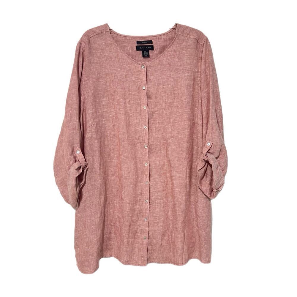 Tahari 100% Linen Button Front Tunic Top Womens Plus Size 2X Pink Coastal Resort